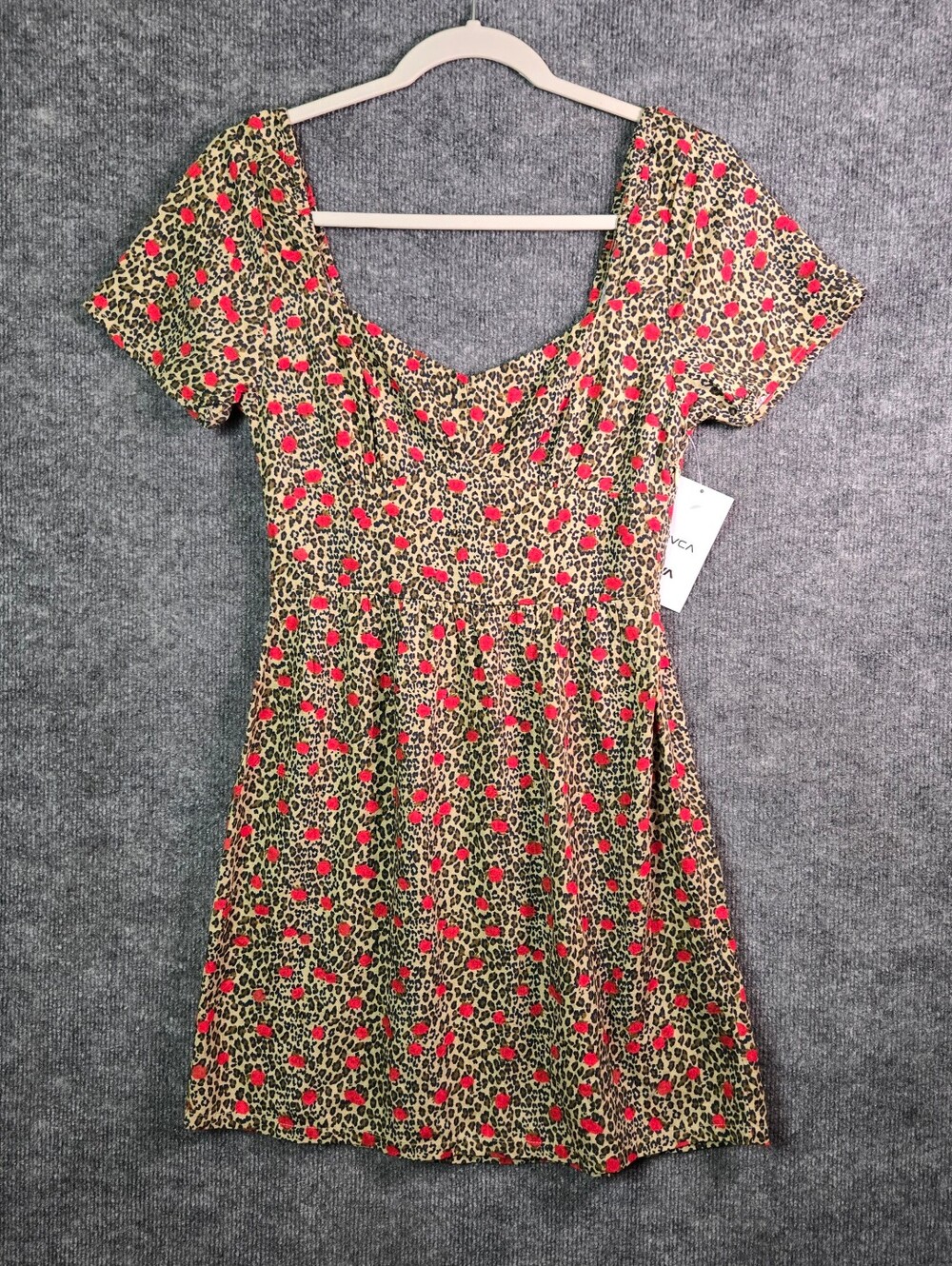 RVCA Leopard Print Mini Dress with Red Rose Accents